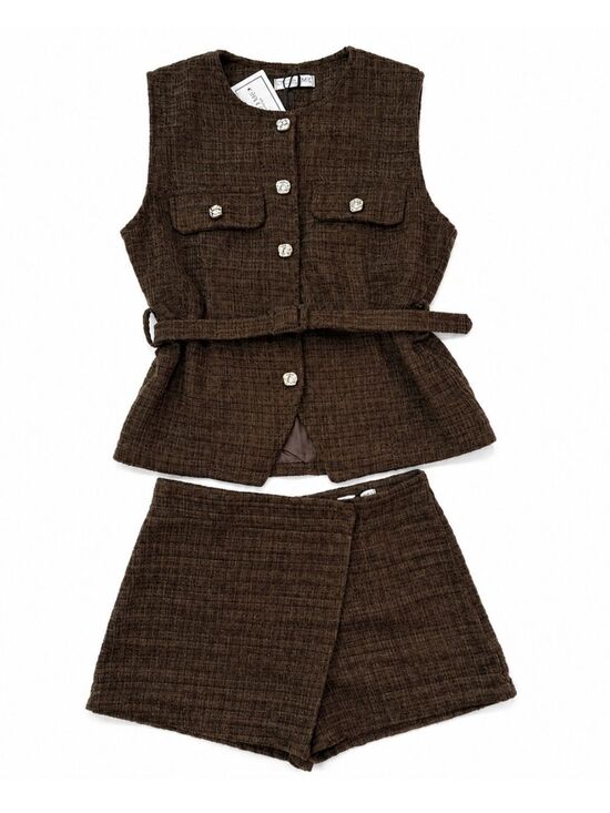 M Made In Italy Jackets & Blazers - Brown Tweed Belted Vest and Skort